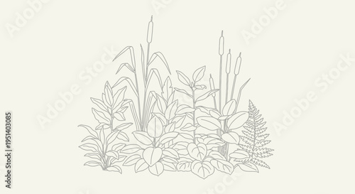 Botanical Line Drawing: Lush Wetland Plants and Reeds Illustration