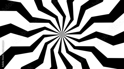 Optical illusion with radial black and white zigzag patterns creating hypnotic spiral effect. Bold geometric background with sharp lines and psychedelic burst design.