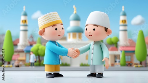 Two Indonesian Muslim men shaking hands, greeting