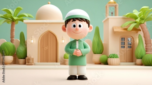 3D Character of Muslim boy in traditional village