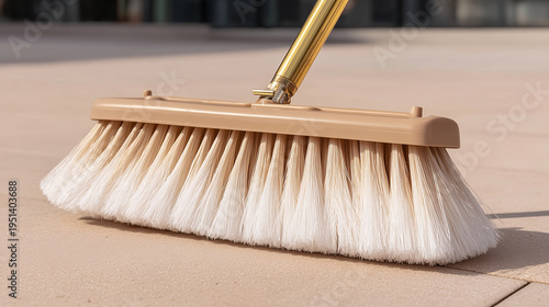 A wide street broom stands on light tile.