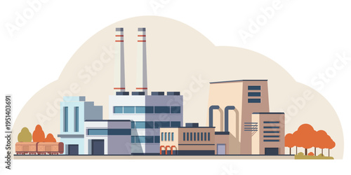 Factory complex with structures in flat style on a light background, symbolizing industry and production. Vector illustration