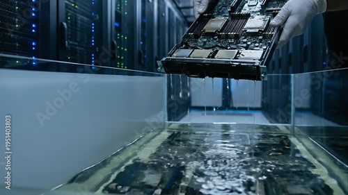Data center liquid immersion cooling system reduces energy consumption as technician hand in glove slowly lifts wet server blade from clear tank in modern server room for efficient cooling operation