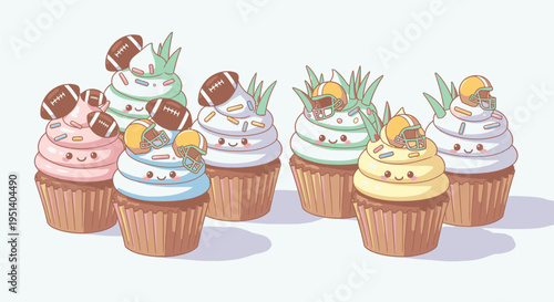 Colorful Cartoon Cupcakes with Toppings and Decorations.