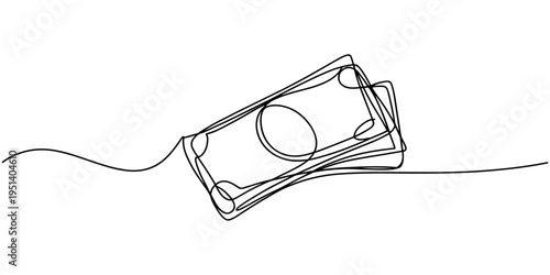 Continuous line, one banknote with dollar symbol in the center, money, financial business illustration, continuous one line art of outline vector drawing.