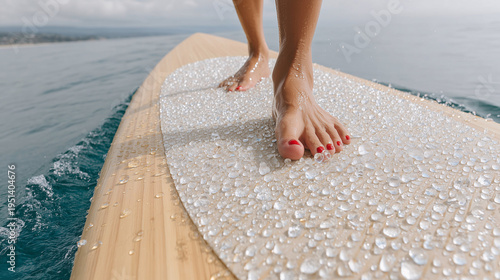 Feet stand on a board covered with water droplets.