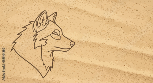 Wolf Head Silhouette Drawing on Textured Sand Background