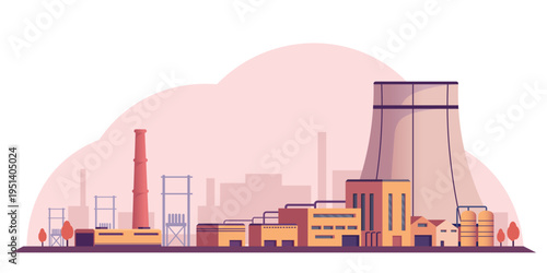 Industrial factory buildings in flat style on a soft pastel background showing energy production concept. Vector illustration