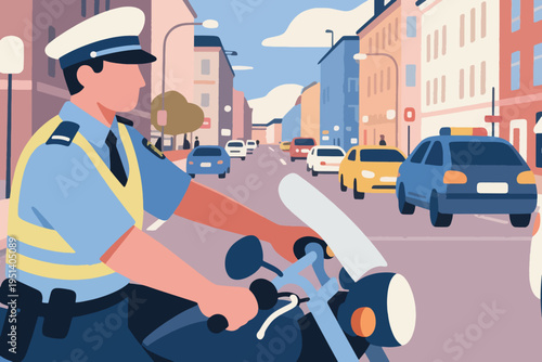 Illustration Of A Police Officer Riding A Motorbike, Patrolling Traffic Vector Design Template