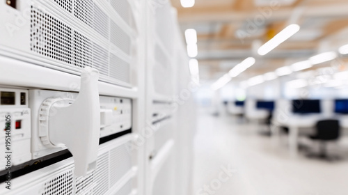 A white data center corridor recedes between rows of racks.