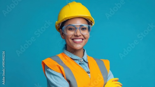 Female construction worker smiling wearing safety gear in studio
