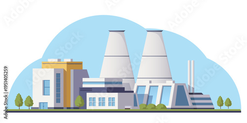 Industrial factory with cooling towers in flat style on light blue background, concept of energy. Vector illustration
