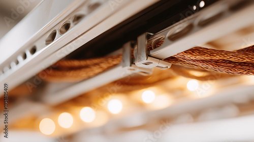 A rope lies under a metal guide in a workshop with warm light.