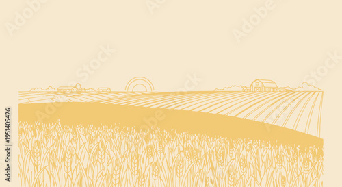 Farm Landscape Drawing with Sunset and Barns