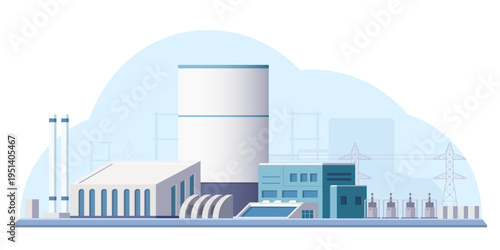 Factory with industrial buildings, turbines and power units in flat style on light background, concept of energy production. Vector illustration