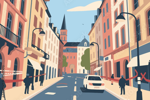 Illustration Of City Buildings Guarded By Police And Patrol Cars After The Riots Vector Design Template