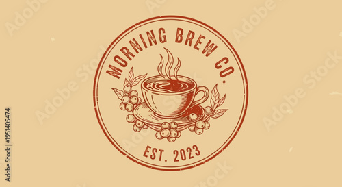 Vintage Coffee Logo Stamp with Steaming Cup and Coffee Beans