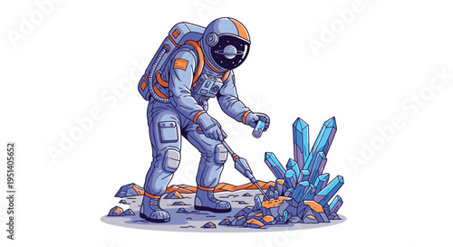 Astronaut Collecting Alien Crystals on Distant Planet.