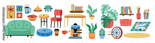 Office Breakroom Furniture and Coffee Objects Elements Collection Flat Cartoon Style