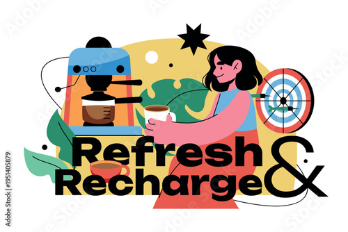 Refresh and Recharge Coffee Break Illustration Banner Flat Cartoon Style