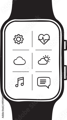 Modern smartwatch icon with various features and settings on screen black and white illustration