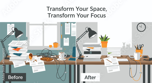 Cluttered Desk Transformation to Organized Workspace.