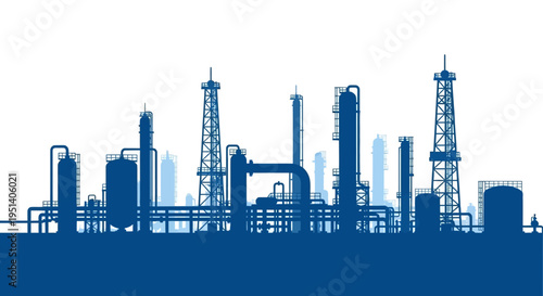 Silhouette of an industrial oil refinery with towers against a white background