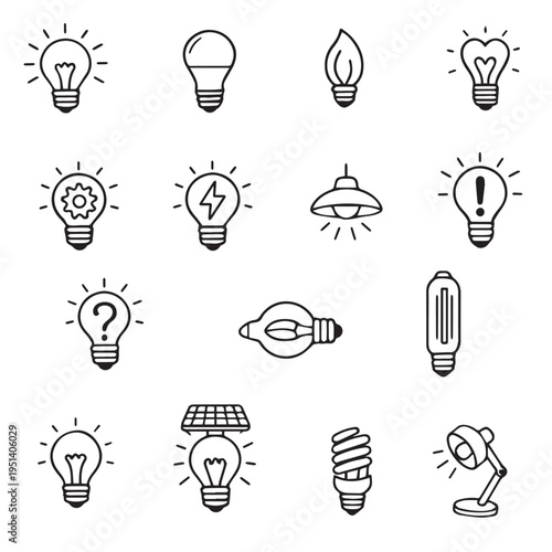 Light bulb outline icons set collection doodle hand drawn icon. Line art lamp clipart symbol. Vector illustration