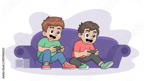 Two happy boys playing video games together on a couch illustration of childhood fun and leisure time concept for gaming and entertainment