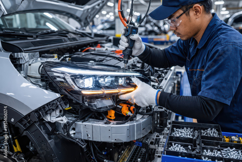 Car headlight assembly automotive repair technician electric screwdriver factory setting vehicle maintenance protective gloves safety glasses modern car workshop environment mechanical work car