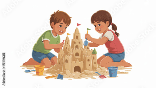 Two happy children building a large sandcastle together on a sunny beach creative summer vacation fun isolated on white background
