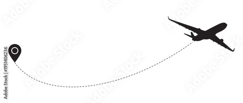 airplane silhouette, flight path line, map pin marker, travel route concept, destination location icon, dashed flight line, aviation travel icon, isolated airplane vector, vacation planning graphic.