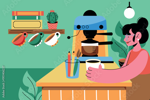 Woman Drinking Coffee Near Espresso Machine Composition Flat Cartoon Style