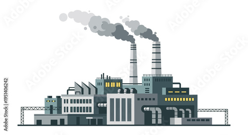 Flat design of an industrial factory with smokestacks emitting smoke on a white background.
