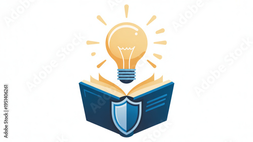 Open book with shield and glowing light bulb symbolizing knowledge protection and innovation vector illustration for education and business concepts