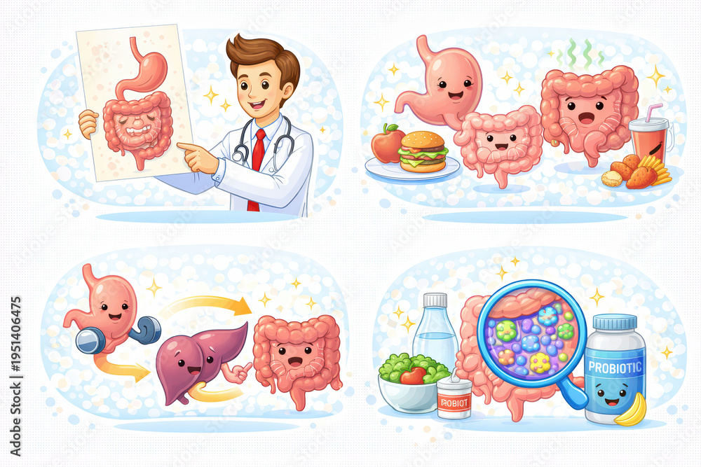 Obraz premium Healthy digestive system, doctor explaining intestine, happy stomach, intestine and liver, probiotics with healthy food, gut bacteria illustration