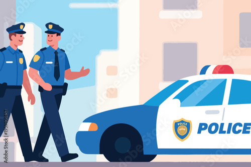 Illustration Of Two Police Officers Chatting And Walking Towards A Car Vector Design Template