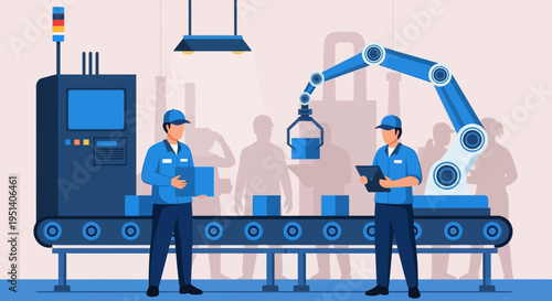 Illustration of two factory workers operating a robotic assembly line with a conveyor belt in a modern industrial setting.