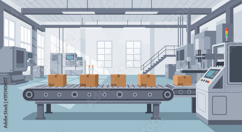 Illustration of a conveyor belt with cardboard boxes in a warehouse or factory setting with industrial equipment.