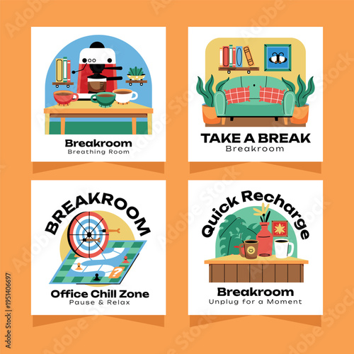 Four Square Office Breakroom Scenes Layout Flat Cartoon Style