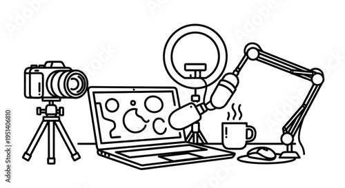 Home Studio Setup for Content Creator with Laptop, Camera, Ring Light, and Microphone, isolated white background.