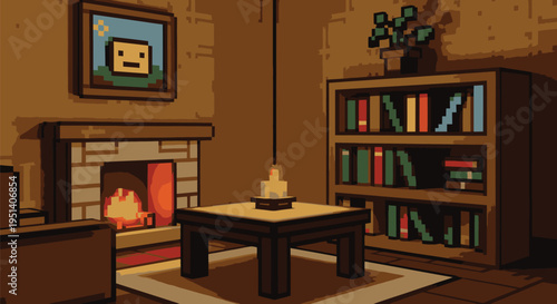 Cozy Living Room with Fireplace and Bookshelves.