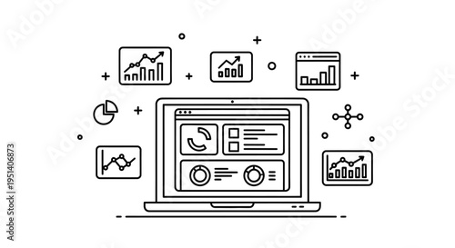 Laptop displaying a business management dashboard with various data visualizations on an isolated white background