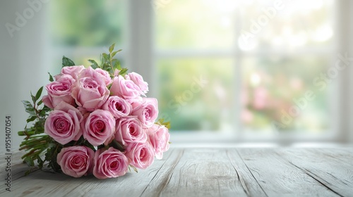 Romantic pink rose bouquet, pastel floral arrangement with greenery, wedding decor centerpiece on rustic wood table isolated PNG with Transparent Background