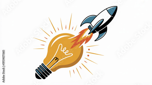 Rocket launching from a glowing light bulb symbolizing innovation and startup ideas vector illustration on white background