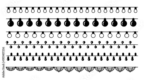 Set of 6 Christmas light garland borders vector black and white festive hanging bulb string decorations for holiday