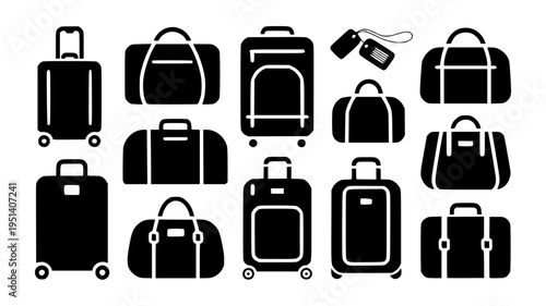 Set of 13 travel luggage icons vector featuring suitcases, duffel bags, and baggage tags in black silhouette style