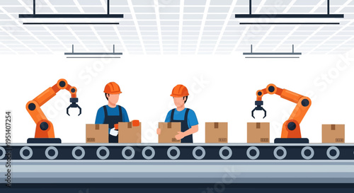 Industrial scene of workers and robotic arms handling cardboard boxes on a conveyor belt in a factory setting with a modern industrial mood.