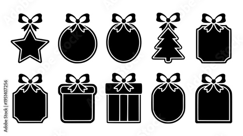 Set of 10 Christmas Gift Tag Icons Vector Black Silhouettes with Bows for Holiday Shopping Labels and Greeting Cards