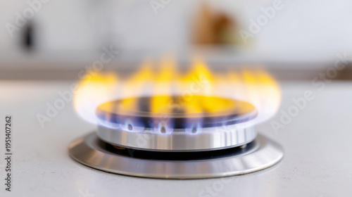 Close-up of a gas burner with a bright blue flame.